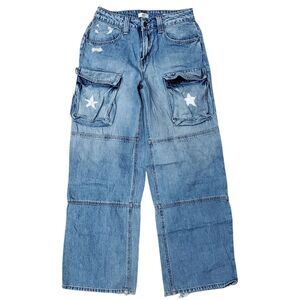 FOREVER 21 Jeans Womens 27 Blue Cargo Flap Pockets Baggy Distressed Y2K Grunge